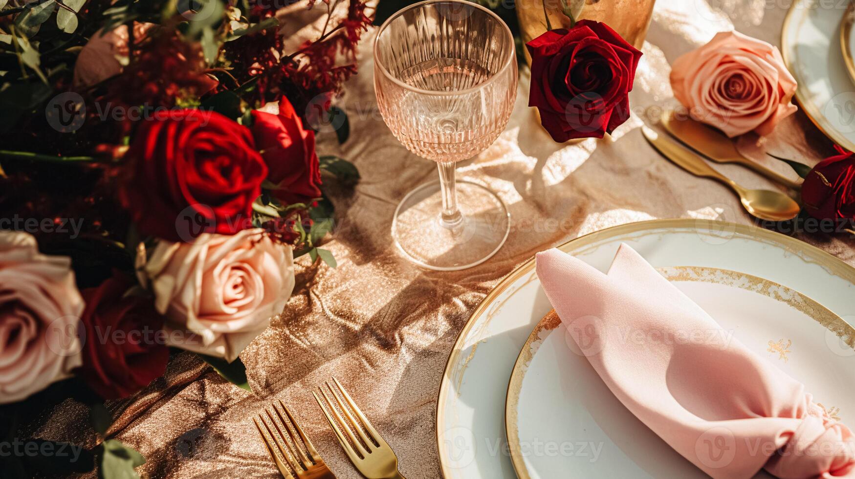 AI generated Wedding and event celebration tablescape with flowers, formal dinner table setting with roses and wine, elegant floral table decor for dinner party and holiday decoration, home styling photo