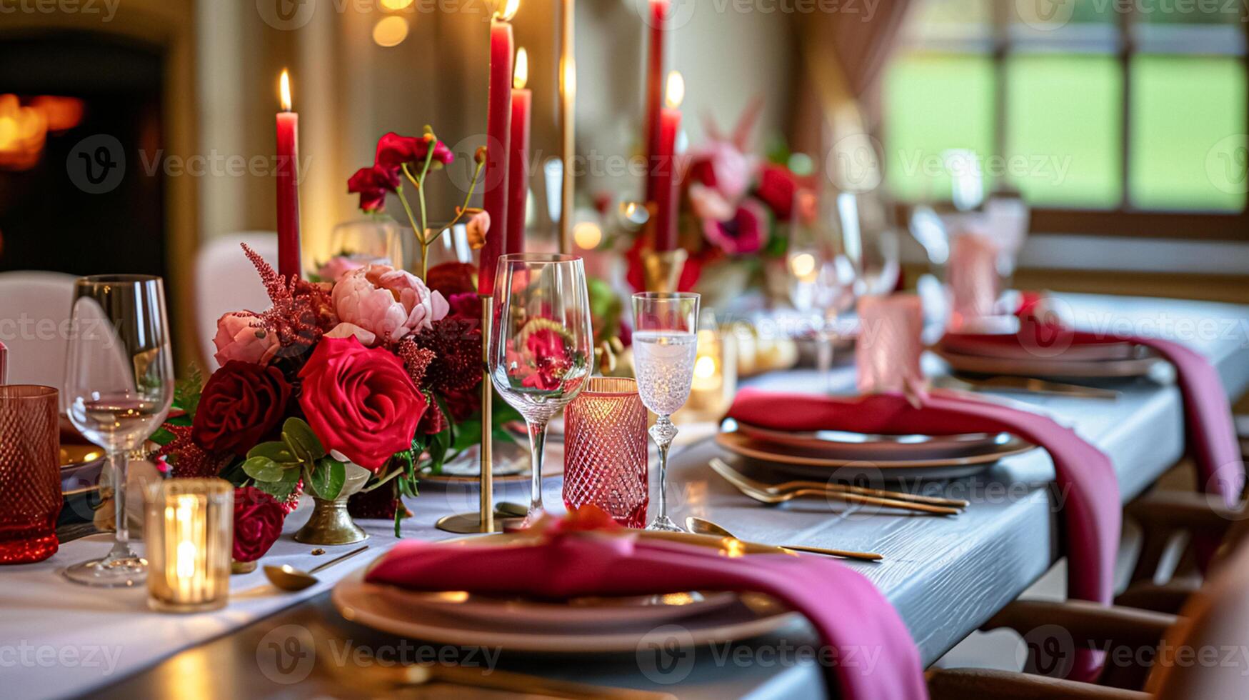 ai generado san valentin día paisaje de mesa y mesa decoración, romántico mesa ajuste con flores, formal cena y fecha, hermosa cuchillería y vajilla foto