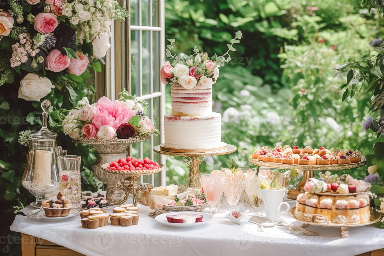 ai generado Boda pastel con floral decoración, fiesta celebracion y fiesta postre abastecimiento en un país jardín, generativo ai foto