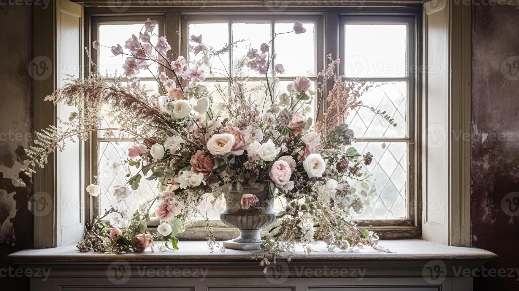 AI generated Floral arrangement with winter, autumn or early spring botanical plants and flowers photo