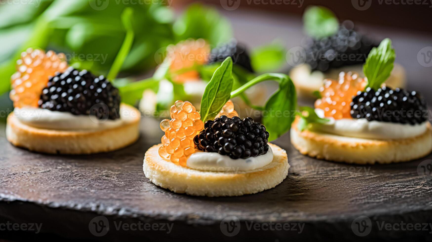 AI generated Food, hospitality and room service, starter appetisers with caviar as exquisite cuisine in hotel restaurant a la carte menu, culinary art and fine dining photo