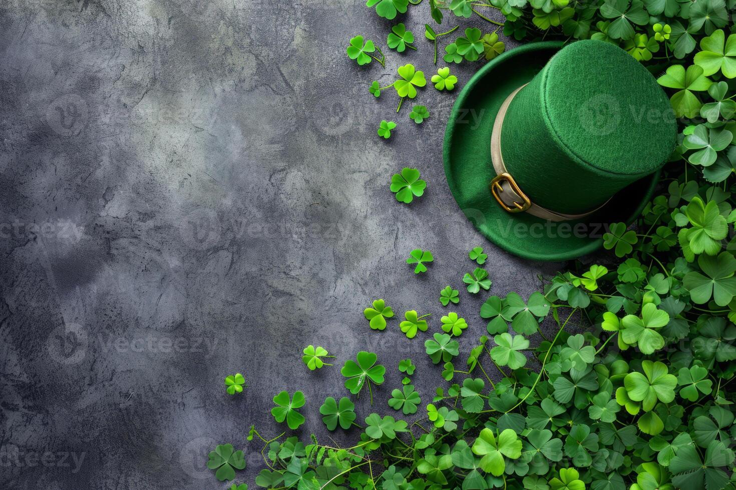 AI generated St. Patrick's Day background with leprechaun hat and clover leaves. Generative AI photo