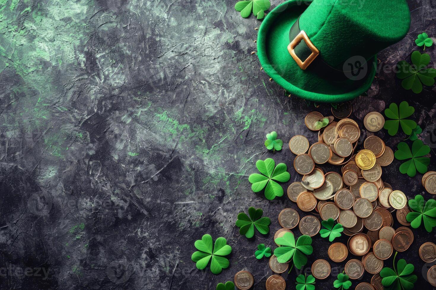 AI generated St. Patrick's Day background with leprechaun hat, pot of gold coins and clover leaves. Generative AI photo