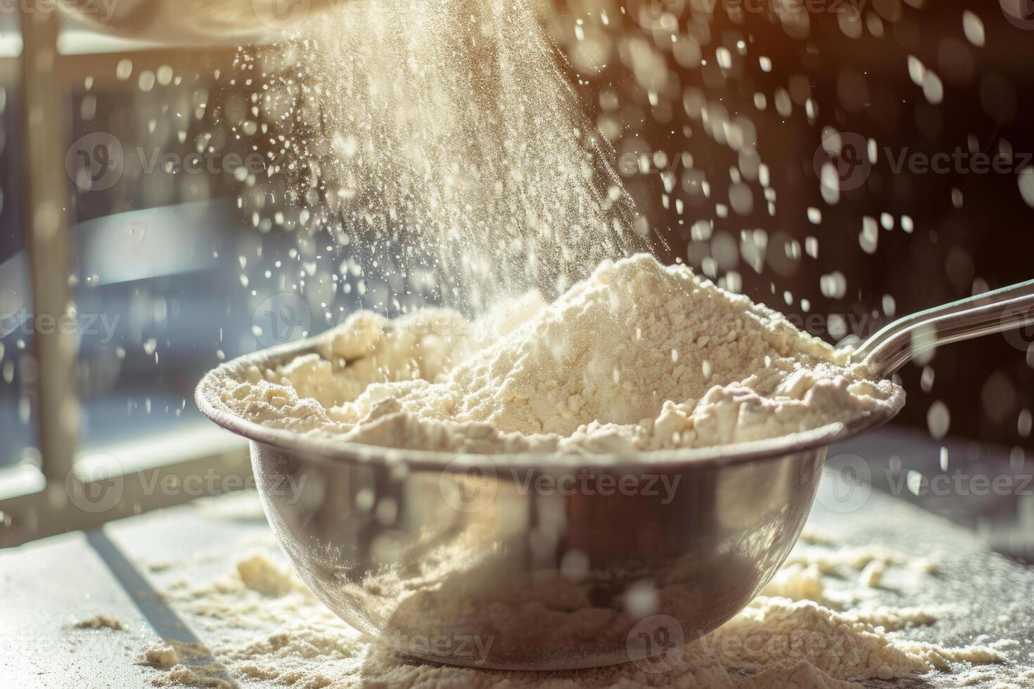 AI generated Sifting flour through sieve on wooden table. Generative AI photo