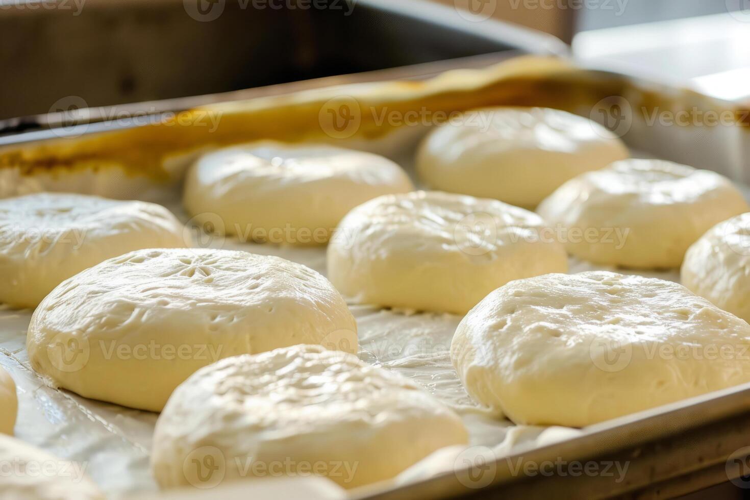 ai generado crudo levadura masa pelotas en bandeja antes de horneando. concepto hogar horneando un pan. generativo ai foto