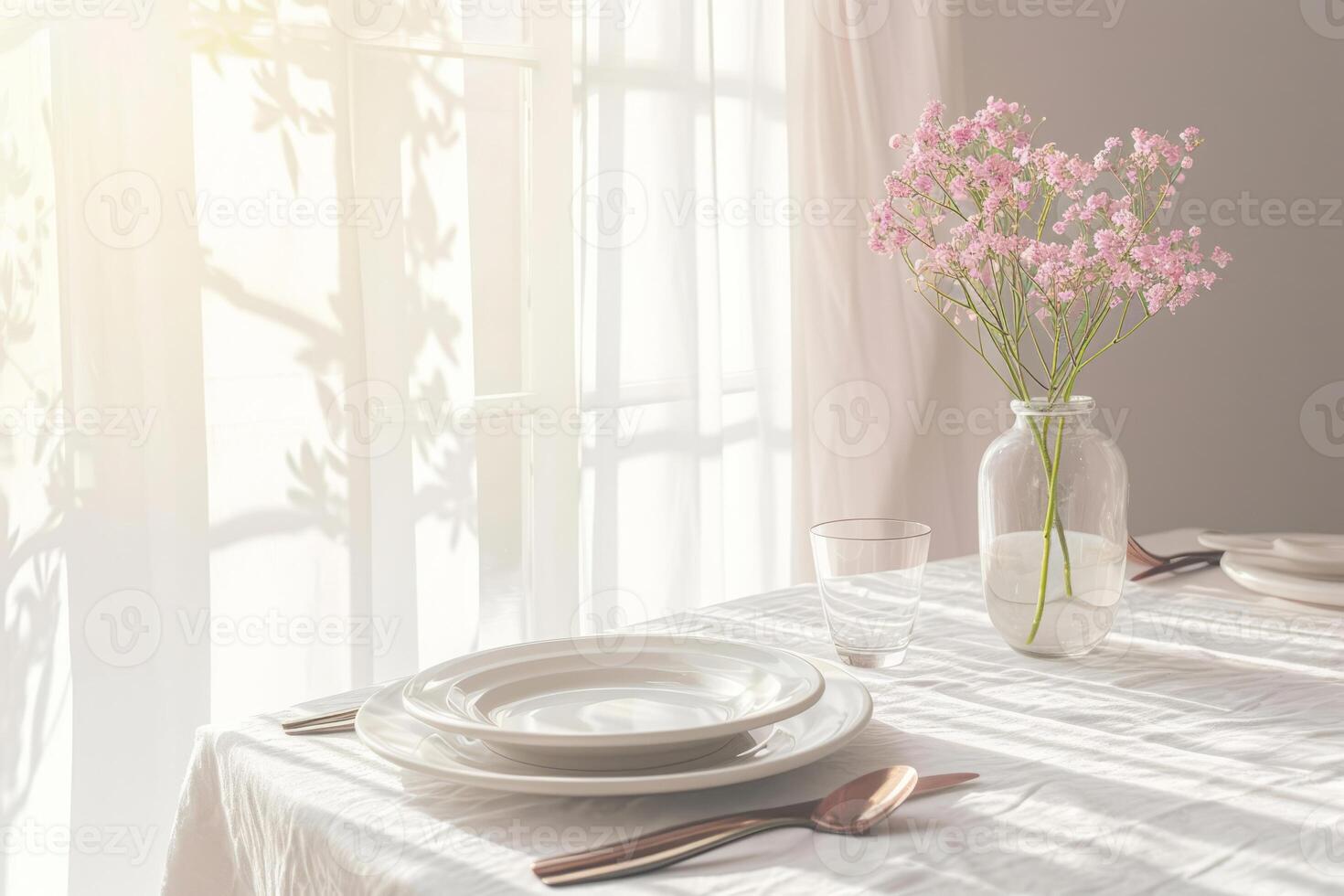 AI generated White indoor dining table day lunch table setup with shades of pink. Generative AI photo