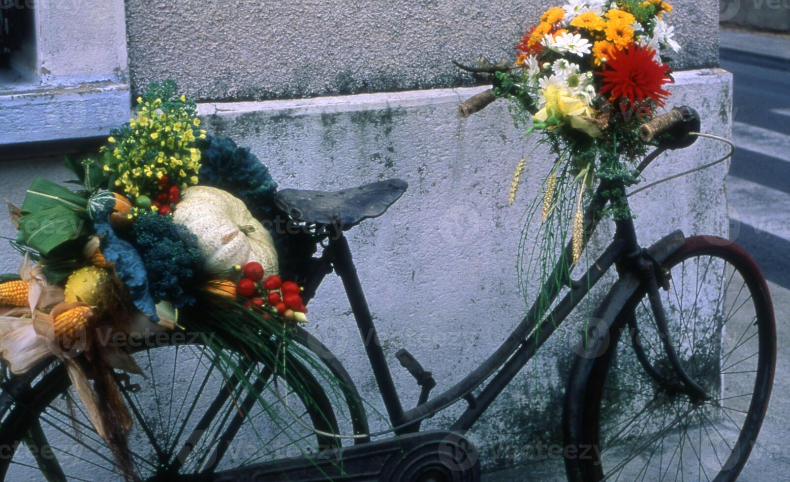 un bicicleta con flores en eso foto