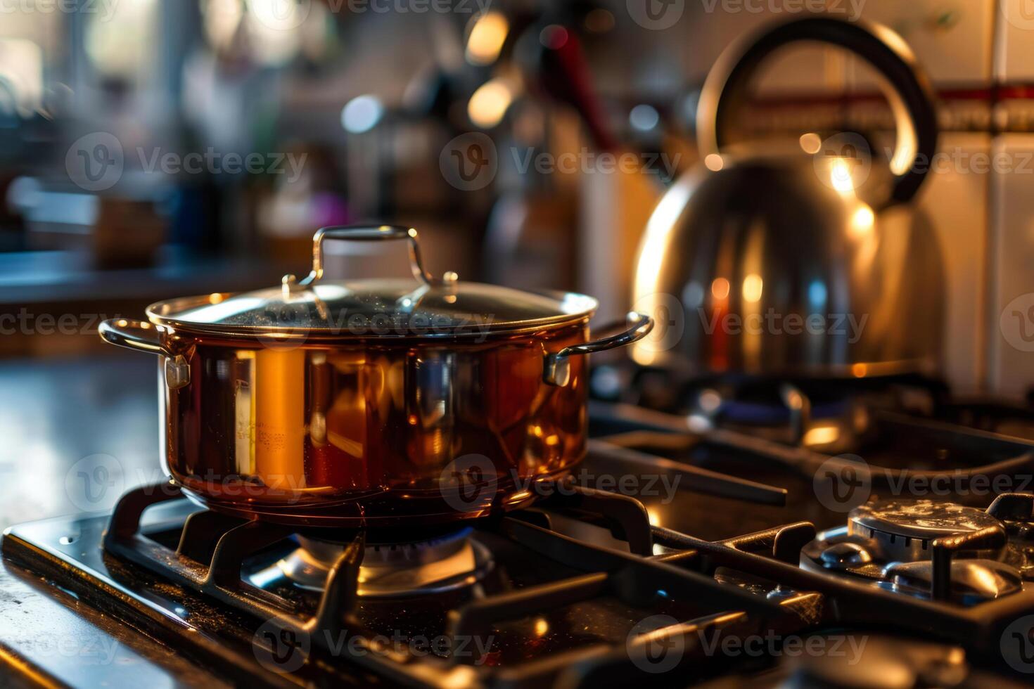 ai generado maceta en el cocina. inoxidable pan en el quemador. generativo ai foto