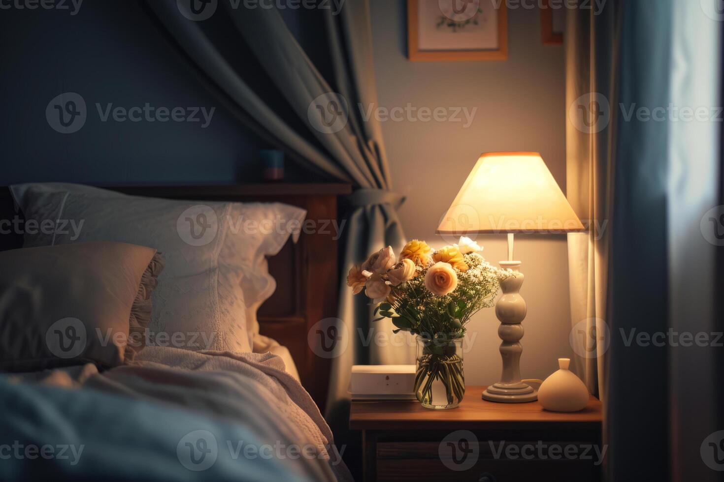 AI generated Bedside table with lamp and flowers in the bedroom. Generative AI photo