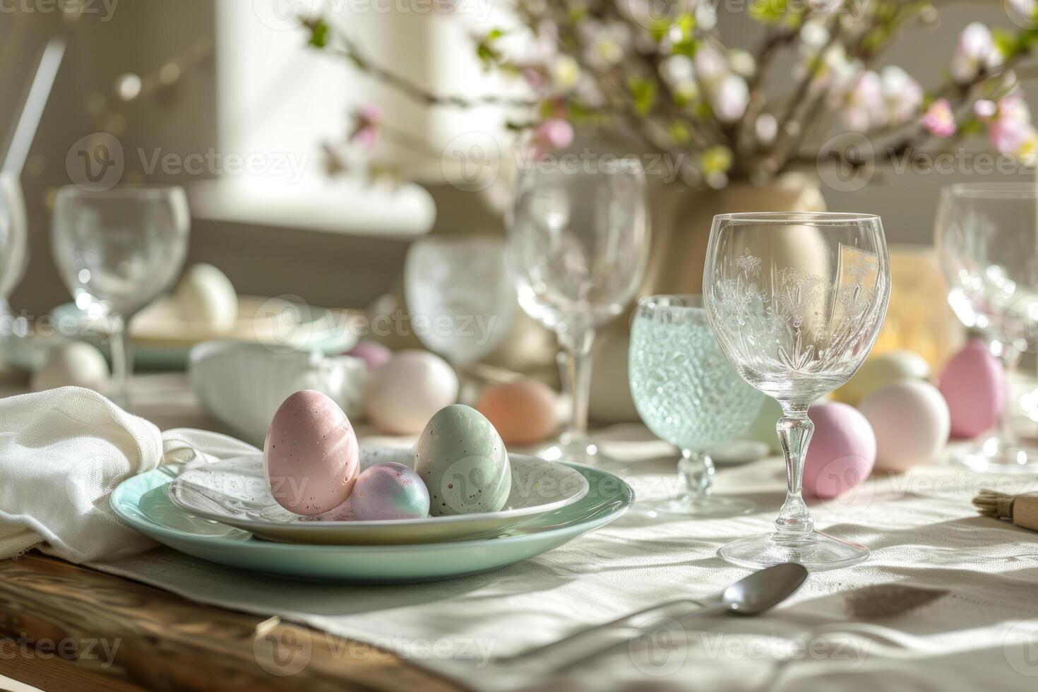 AI generated Pastel colored Easter table setting with delicate glassware. Table decor concept. Generative AI photo
