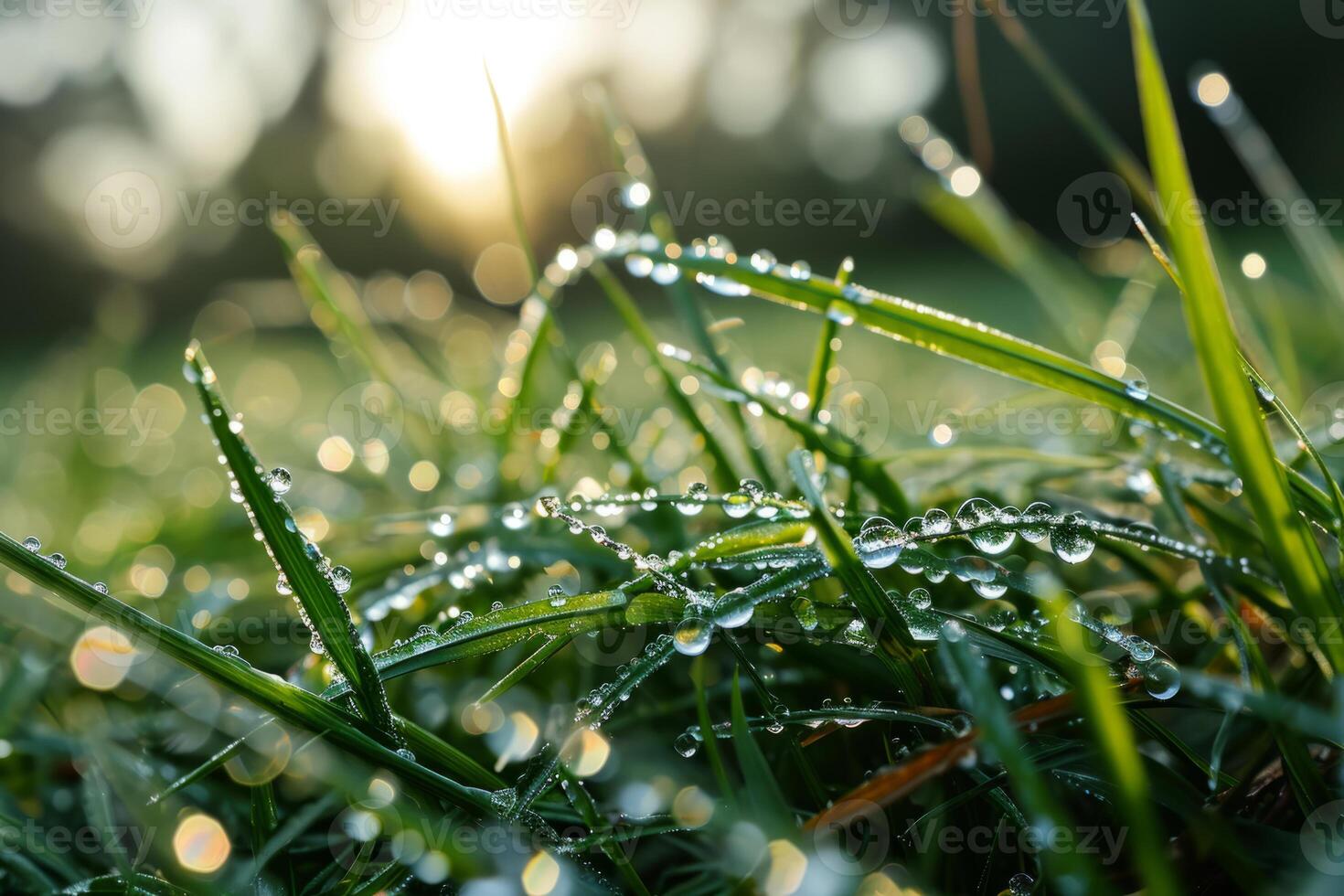 AI generated Closeup of water droplets on a green grass. Generative AI photo