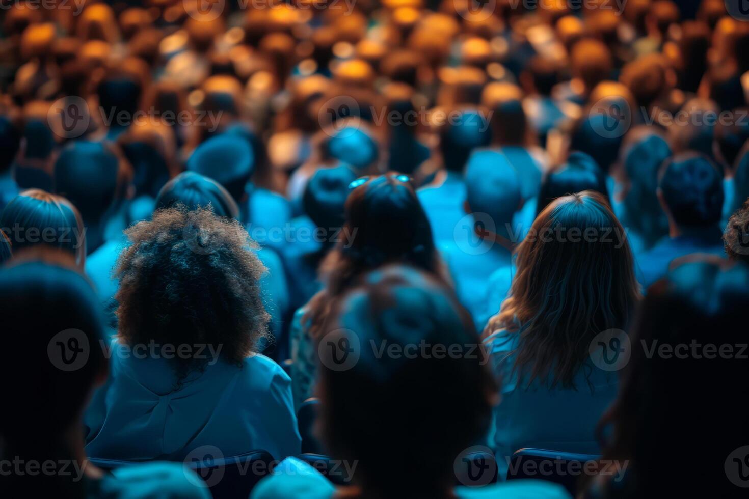 AI generated Rear view of unrecognizable people in audience at the conference hall. Generative AI photo