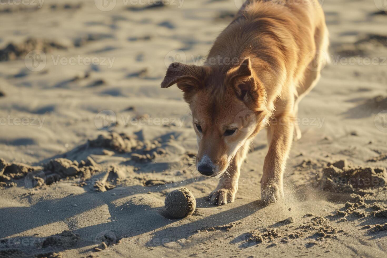 ai generado perro jugando con un juguete en el arena playa. mascota, verano y arena antecedentes. generativo ai foto