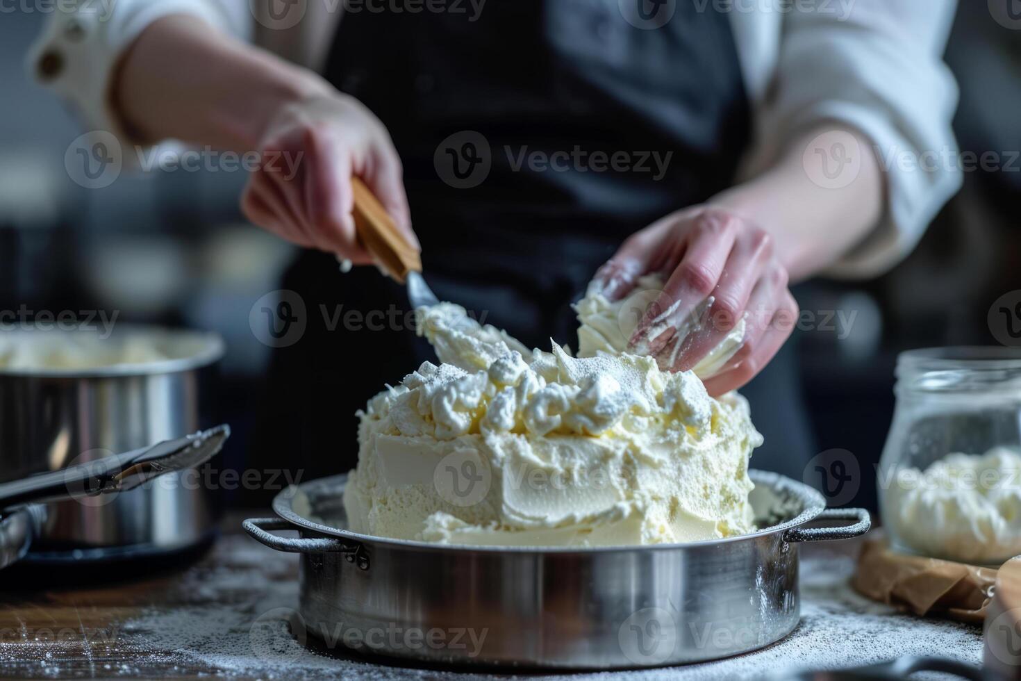 AI generated Woman decorating delicious cake with fresh cream. Homemade pastry. Generative AI photo