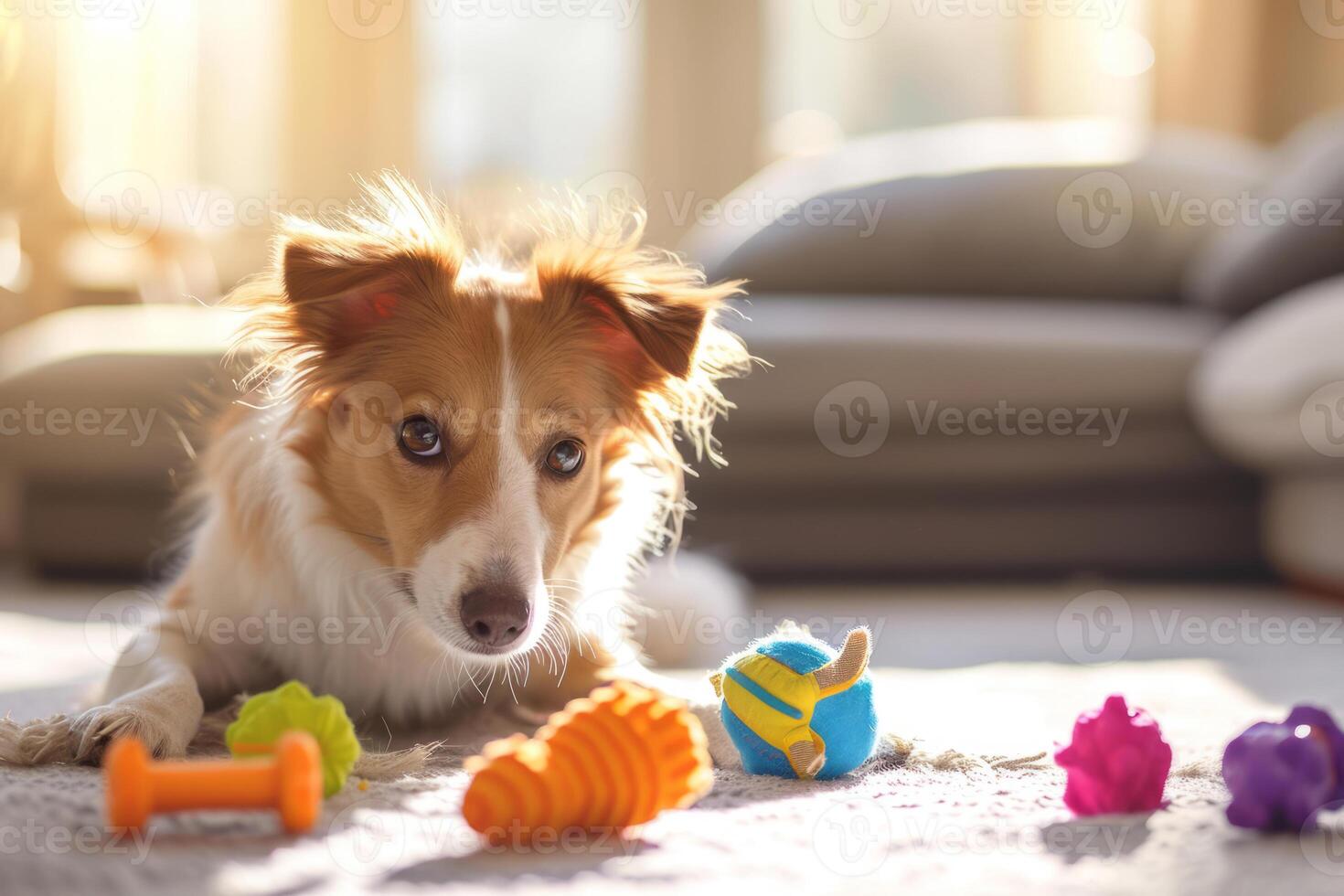 AI generated Dog at home in the living room playing with his toys. Generative AI photo