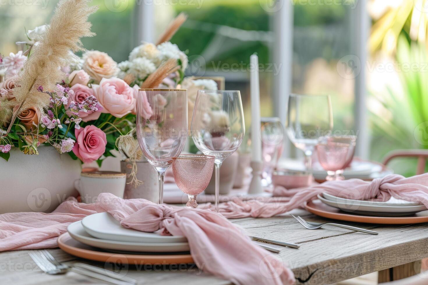 AI generated Dining lunch table setup with shades of pink. Generative AI photo