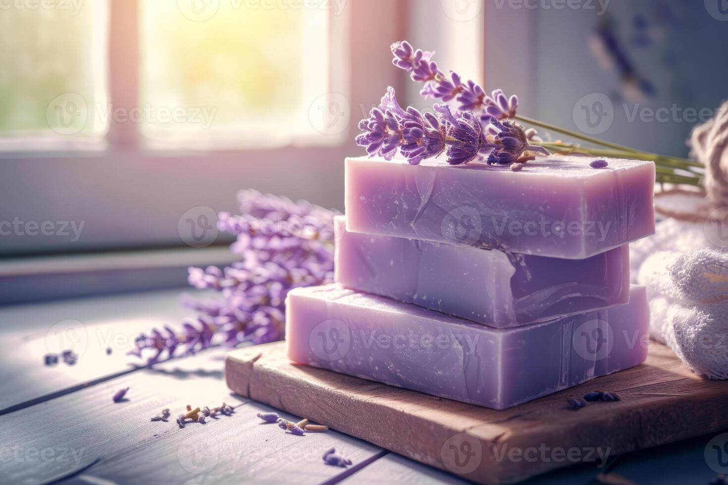 AI generated Natural soap with lavender extract. Handmade soap with lavender flowers. Generative AI photo