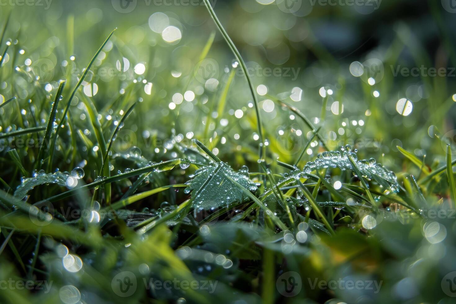 AI generated Closeup of water droplets on a green grass. Generative AI photo