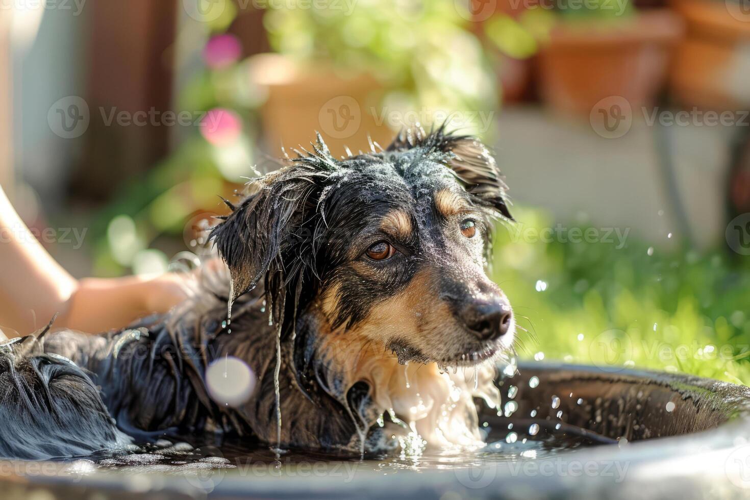 AI generated Dog taking a bath in the backyard. Generative AI photo