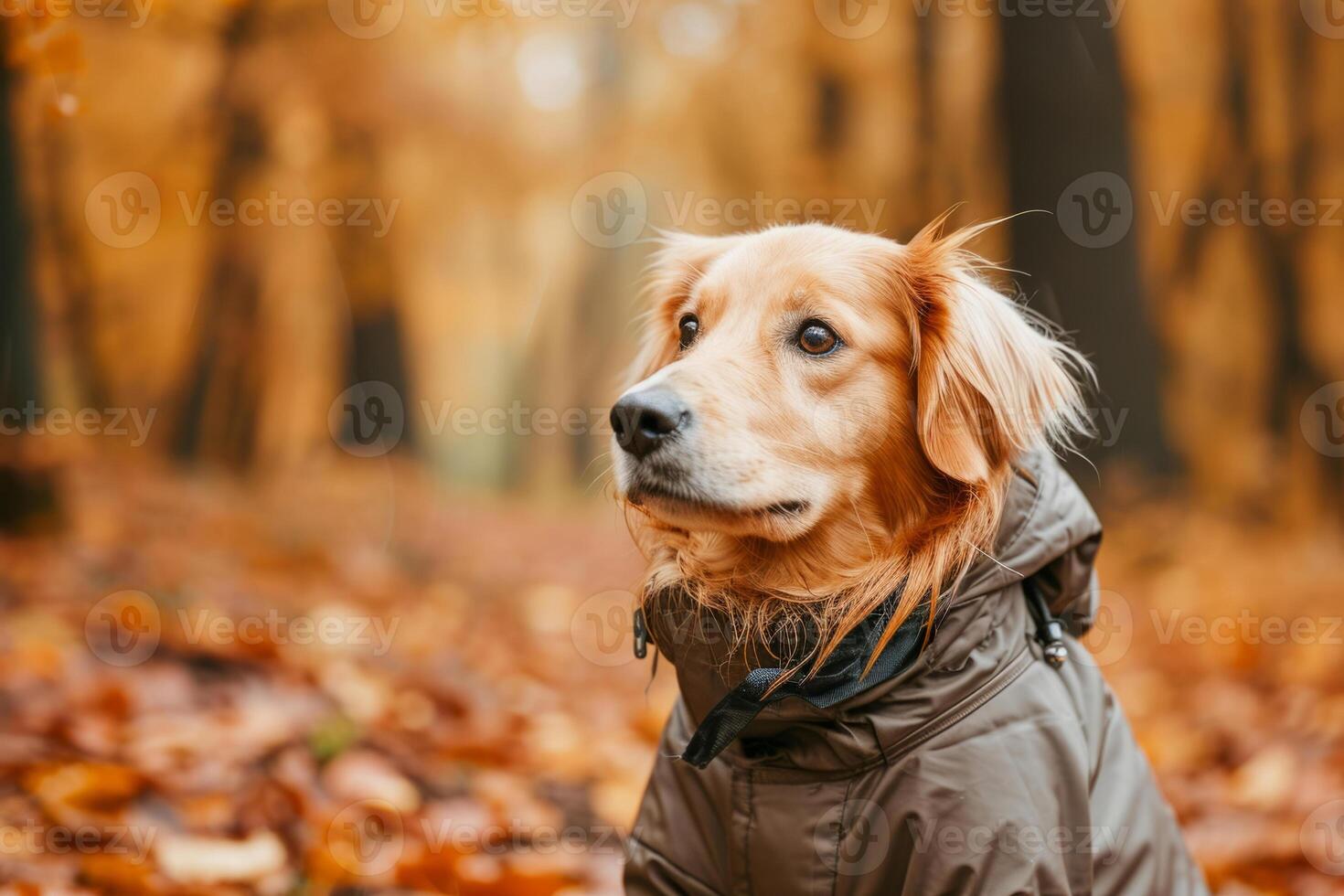 AI generated Dog in a trendy raincoat. The concept of caring for pets. Generative AI photo