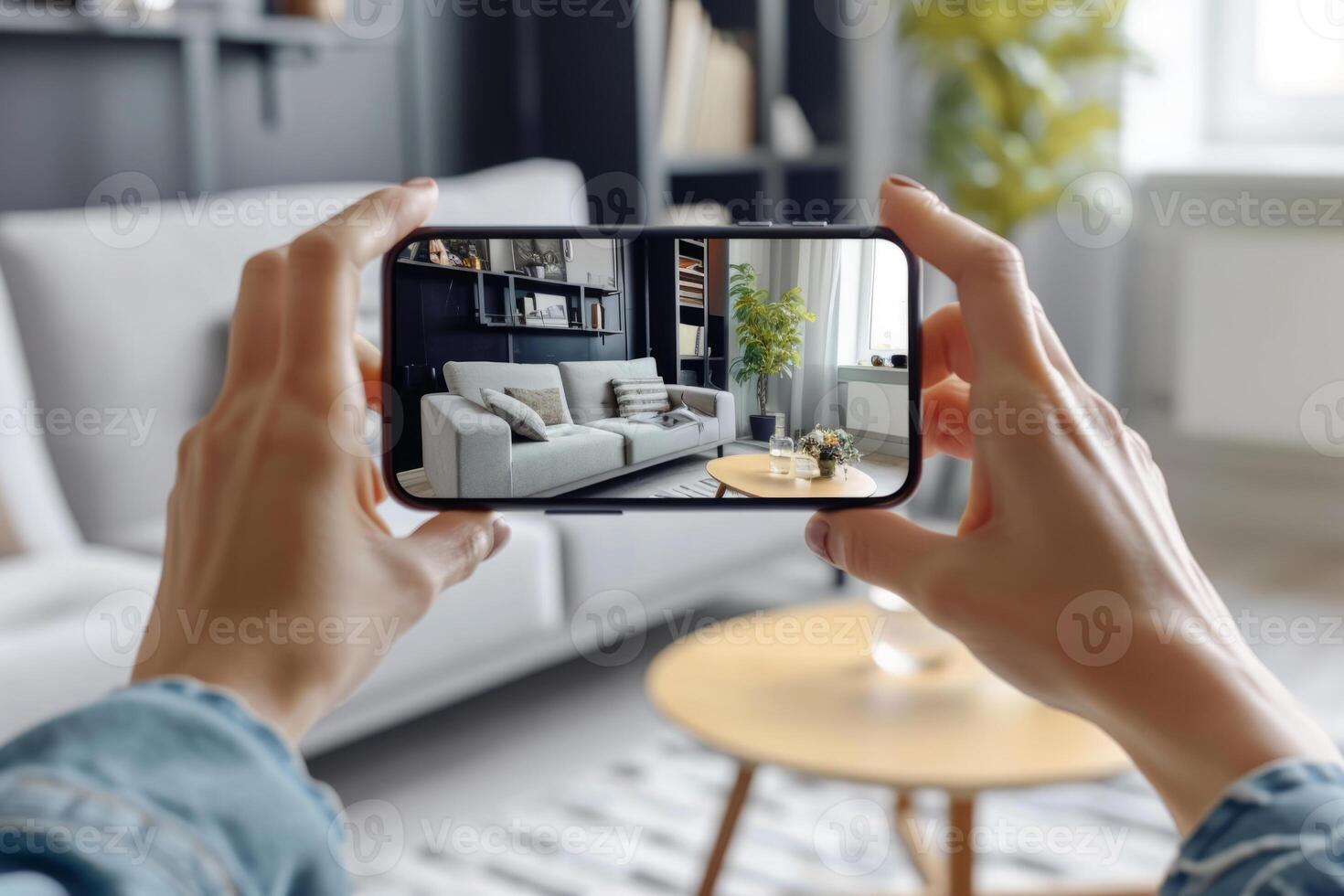 AI generated Hands hold smartphone with augmented reality interior design software to choose furniture. Generative AI photo