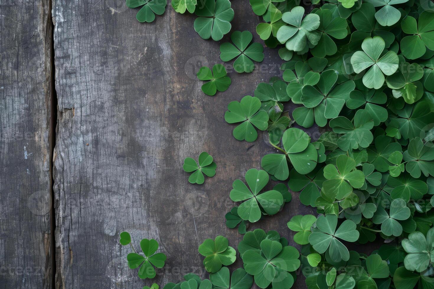 AI generated Clover leaves on wooden table. St. Patrick's Day background. Generative AI photo