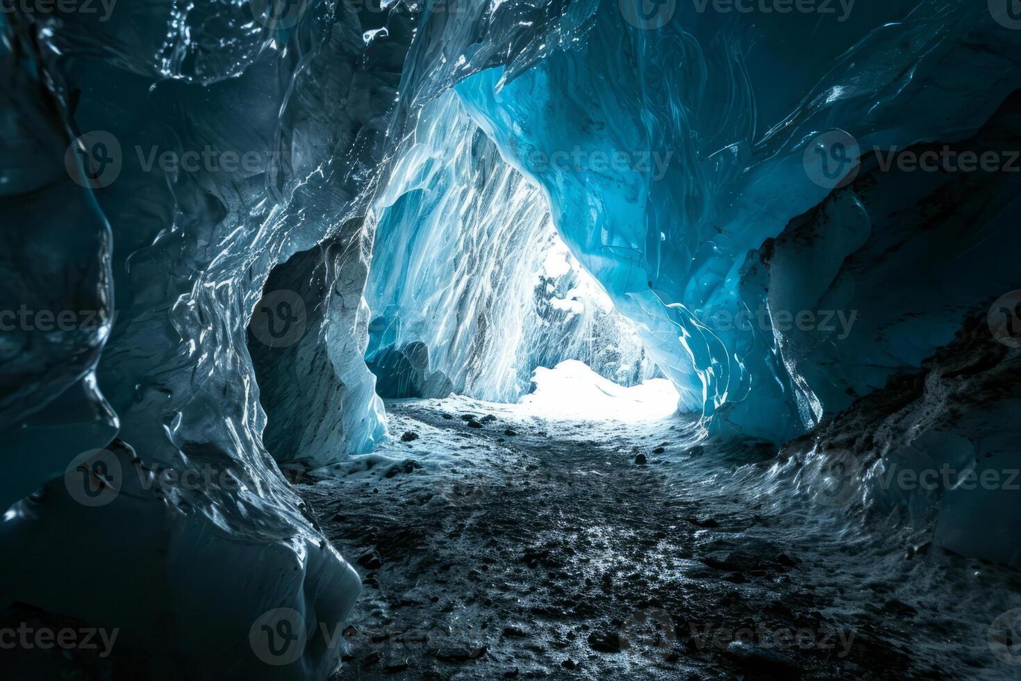 AI generated Blue crystal ice cave entrance and an underground river beneath the glacier. Generative AI photo