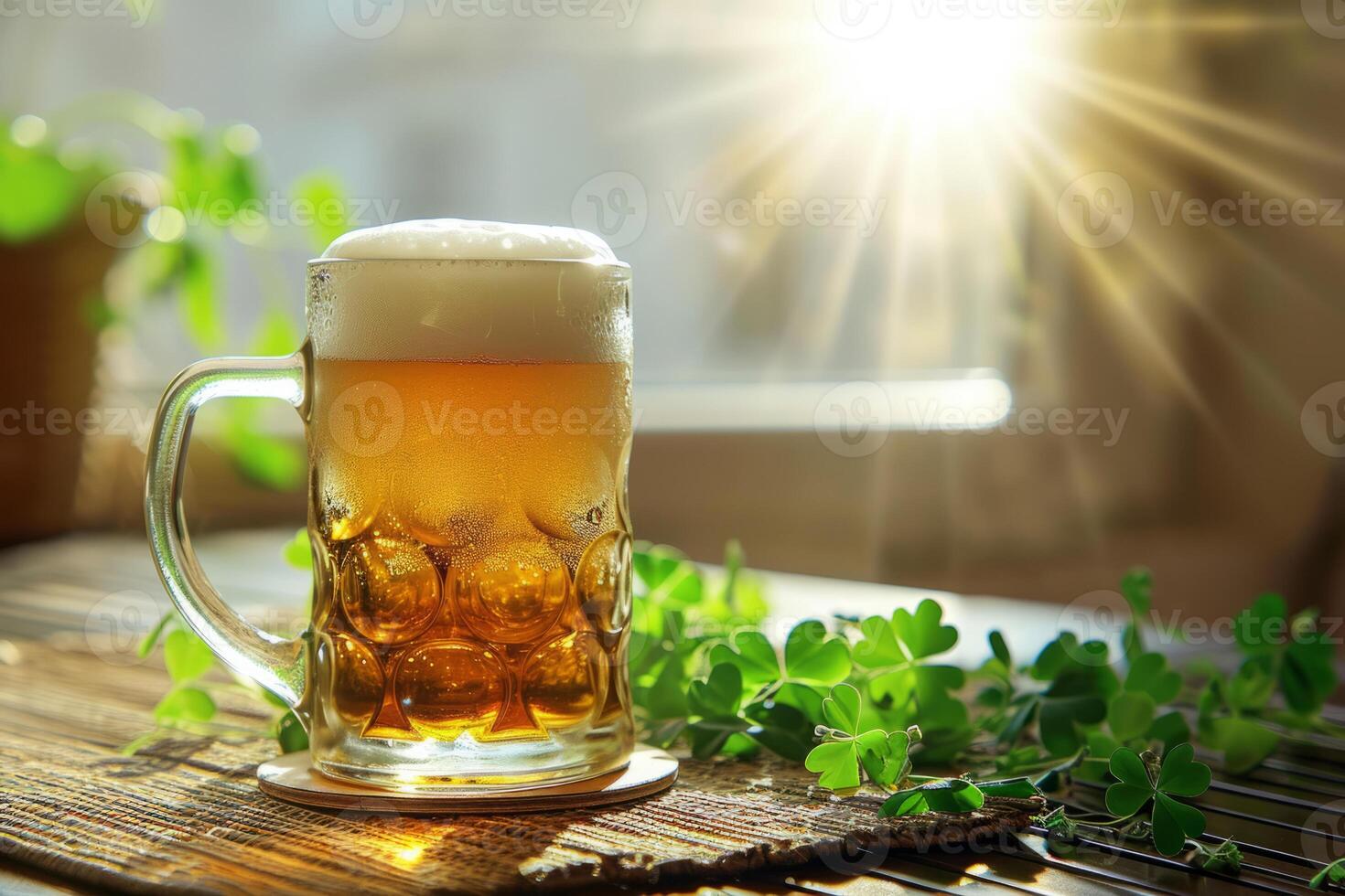 AI generated St. Patrick's Day background with a refreshing cold beer and clovers. Generative AI photo