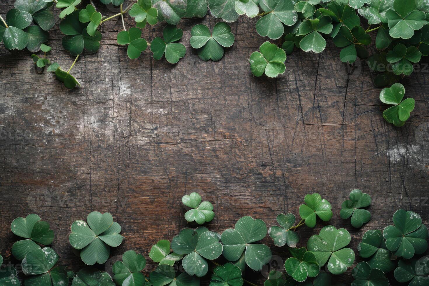 AI generated Clover leaves on wooden table. St. Patrick's Day background. Generative AI photo