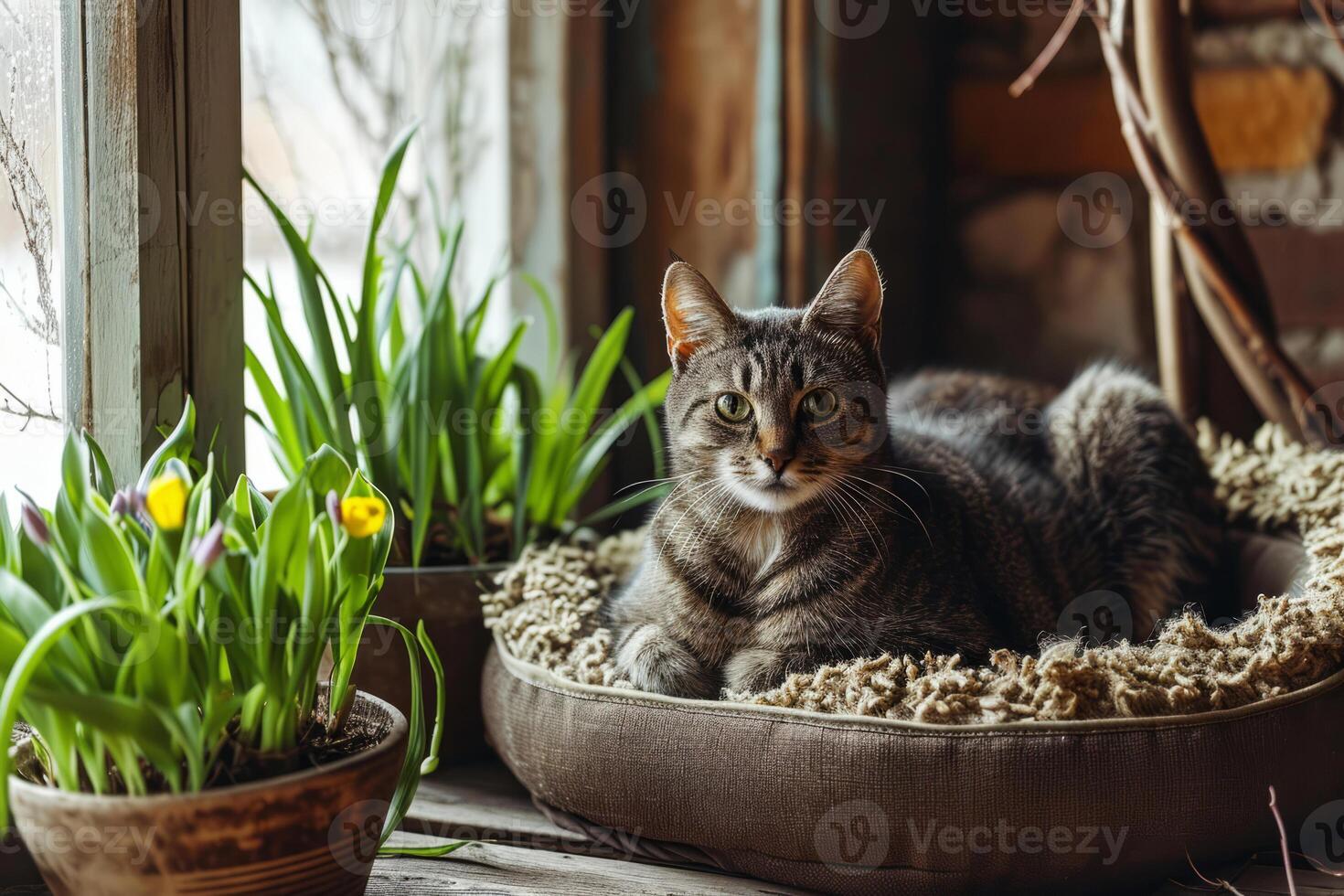 AI generated Interior of light living room with plants and cozy pet bed. Cute cat lying in pet bed. Generative AI photo