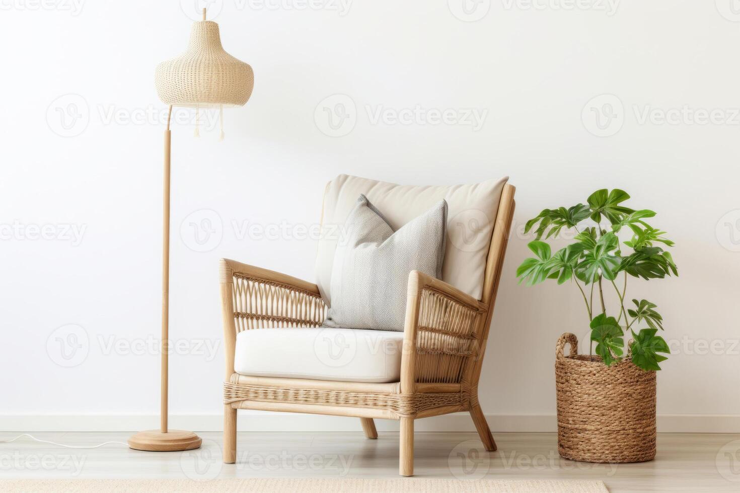 AI generated Rattan armchair and floor lamp in living room interior with plants. Generative AI photo