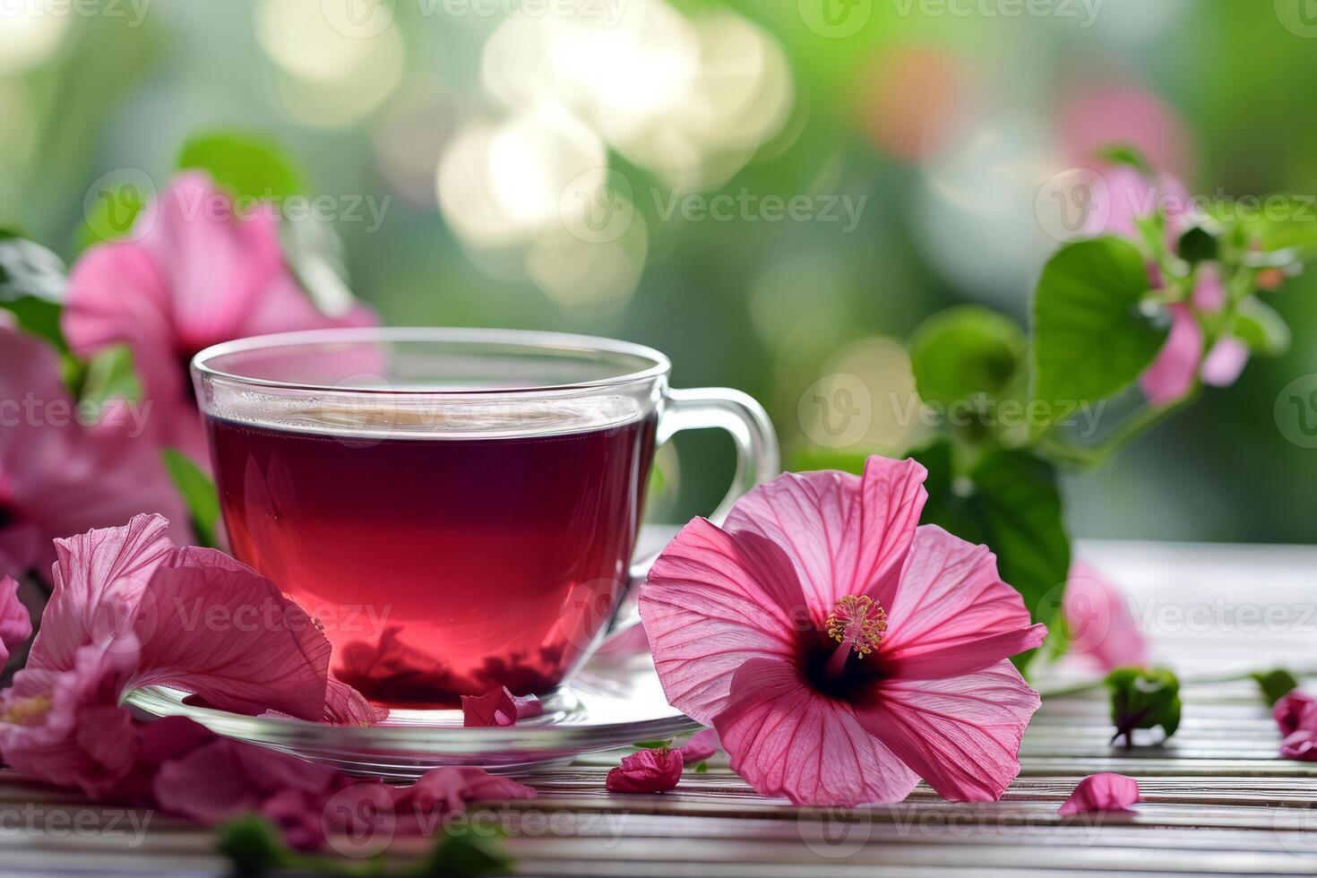 AI generated Hot hibiscus cup of tea with flowers in the background. Breakfast picnic table setup. Generative AI photo