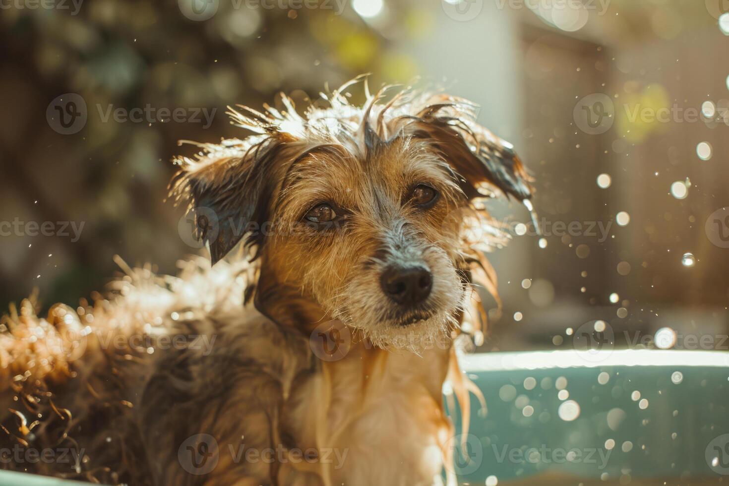 AI generated Dog taking a bath in the backyard. Generative AI photo