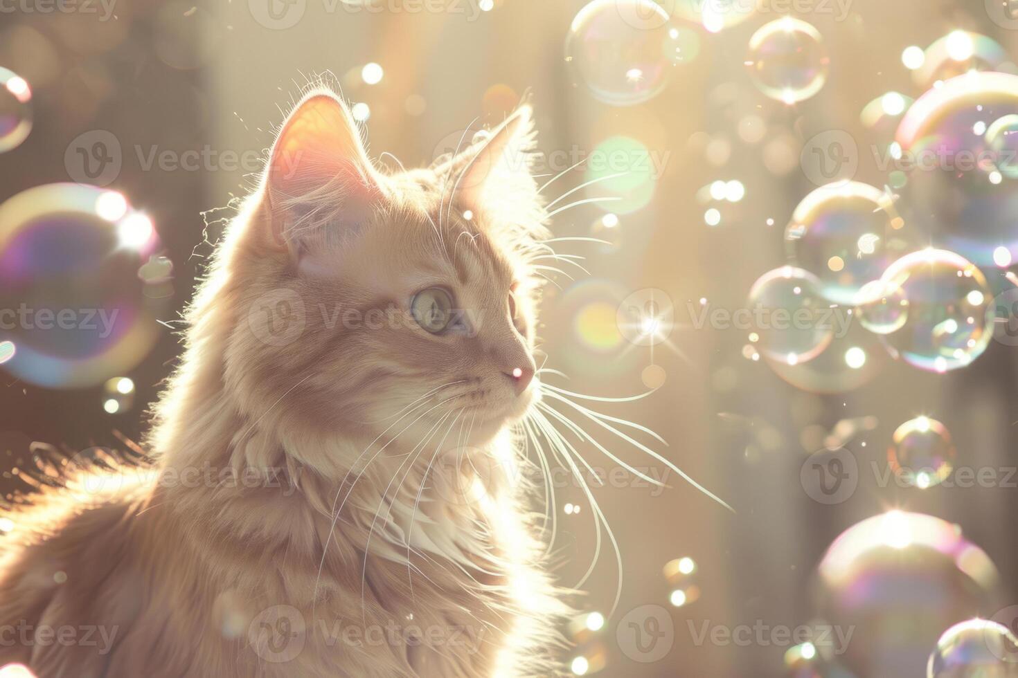 AI generated Cat surrounded by soap bubbles. Kitten playing with soap bubbles. Generative AI photo
