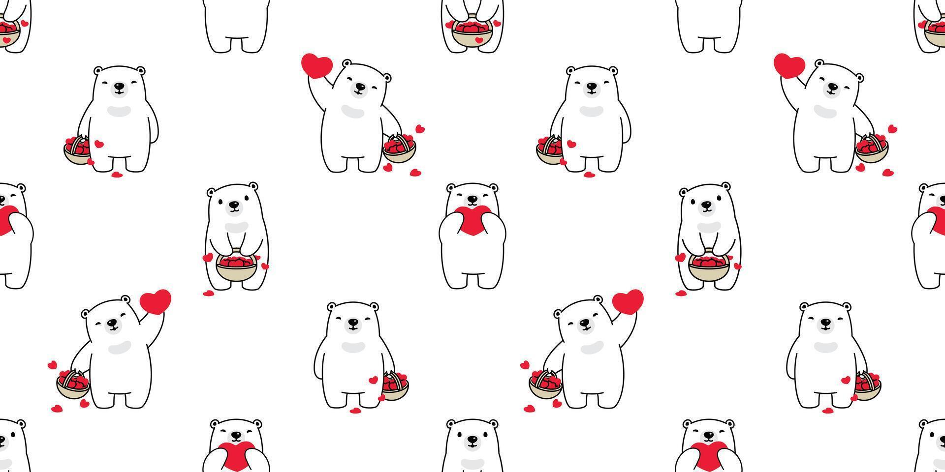 Bear seamless pattern heart valentine vector polar bear teddy basket cartoon scarf isolated repeat wallpaper tile background illustration doodle brown white design