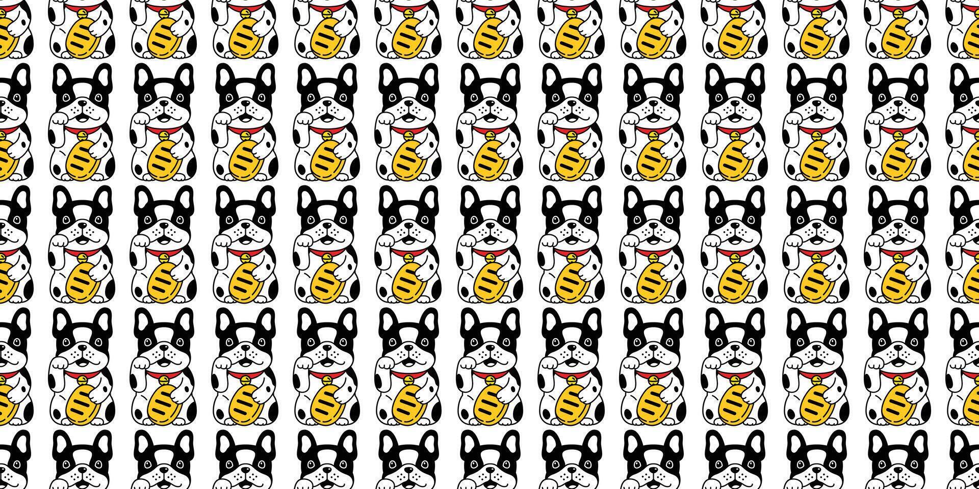 perro sin costura modelo francés buldog suerte gato Japón maneki neko vector bufanda aislado loseta antecedentes repetir fondo de pantalla dibujos animados mascota perrito garabatear ilustración diseño