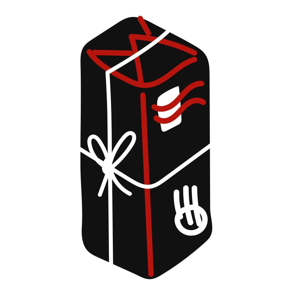 Postal box, packaging, gift flat style in red, black colors insulated. A box sent by mail as a gift with stamps and seals. Valentine's Day, birthday, transfer of a black box with a bow made of white vector