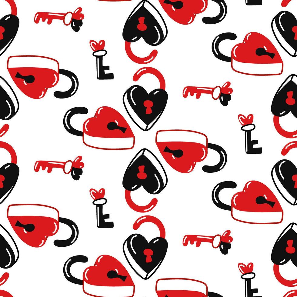 Seamless pattern of colored heart-shaped locks. A flat illustration in the form of doodles for Valentine's Day. Open barn locks in red and black colors with keys. Gift wrapping for the holiday vector