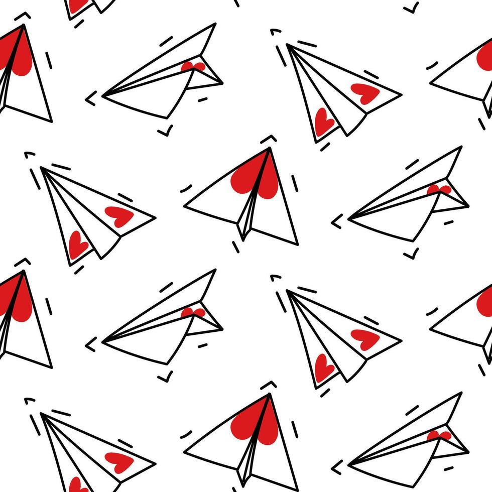 Pattern is paper airplanes with hearts. Seamless vector with origami planes and hearts. Perfect for wrapping paper, wallpaper, repeating elements, vintage design, laptop cover, fabric clothing design