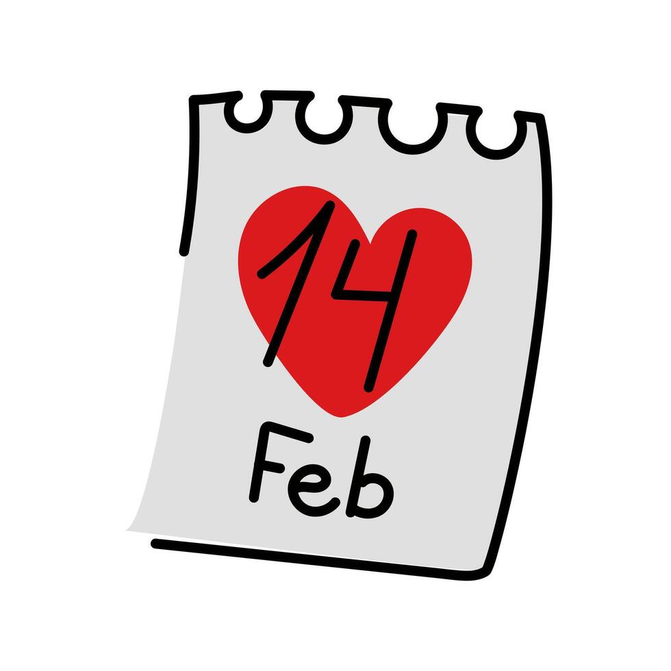 Rasgado sábana desde un calendario con corazones y un 14 vector plano garabatear. contento San Valentín día. calendario sábana con un pintado corazón. dibujado a mano garabatos vector ilustración, plano diseño. el todo calendario