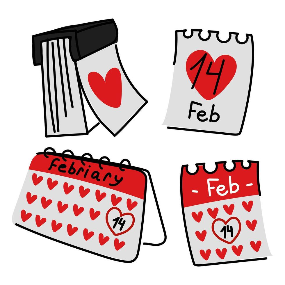 A set of calendars marked February 14th is a flat doodle. Calendar icons for Valentine's Day. A set of love-themed romantic date day. A romantic date. The theme of love is universal black, red colors vector