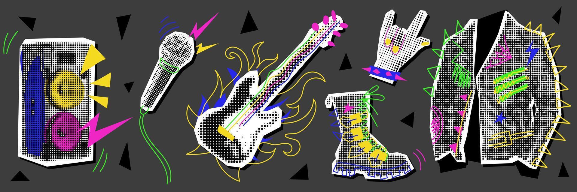 A set of rocker objects collage in the style of grunge pop art. Jacket, guitar, microphone, hand, shoe, speakers. Black and white dots with colored inserts. It looks like a clipping from a magazine vector