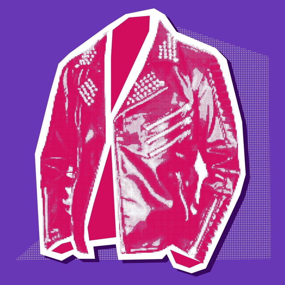 A rocker leather jacket with a grunge-pop-art-rock collage. Pink and white picture on blue. The clothes look like a clipping from a magazine. Bright large and small dots create the shape of the object vector