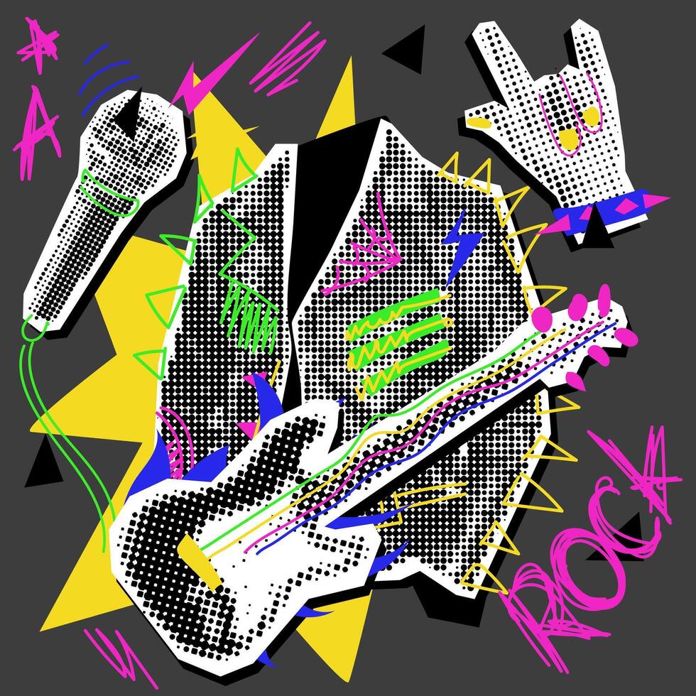 Rocker jacket, guitar, microphone, hand, collage in grunge pop-art rock style. Black, white picture with colored inserts. Execution looks like a clipping from a magazine. Bright doodles, black dots vector