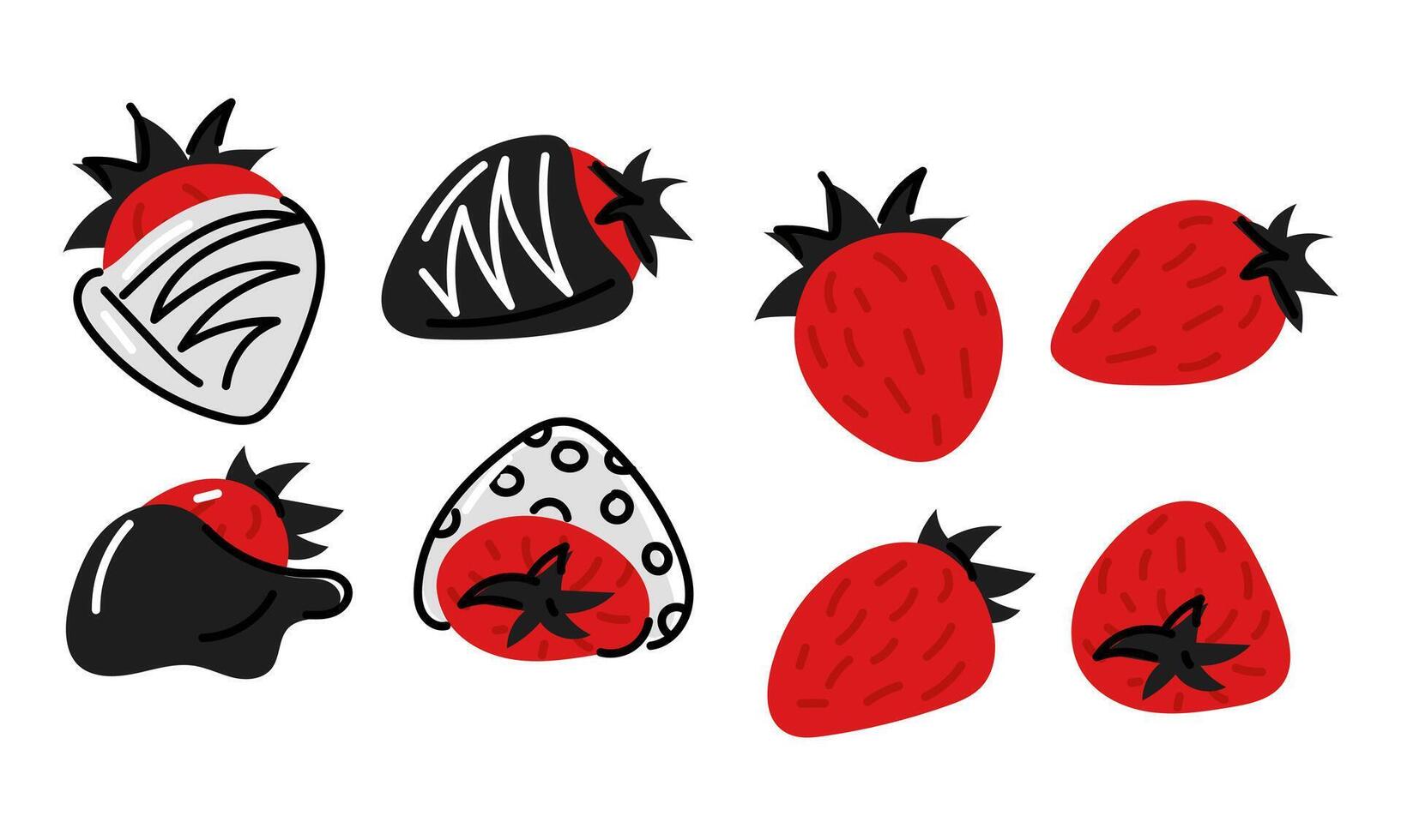 Set of flat illustrations of strawberries in chocolate and without, made in red and black colors. Fresh berry. Vector graphics. Valentine's Day isolated sweet berries from different sides in different