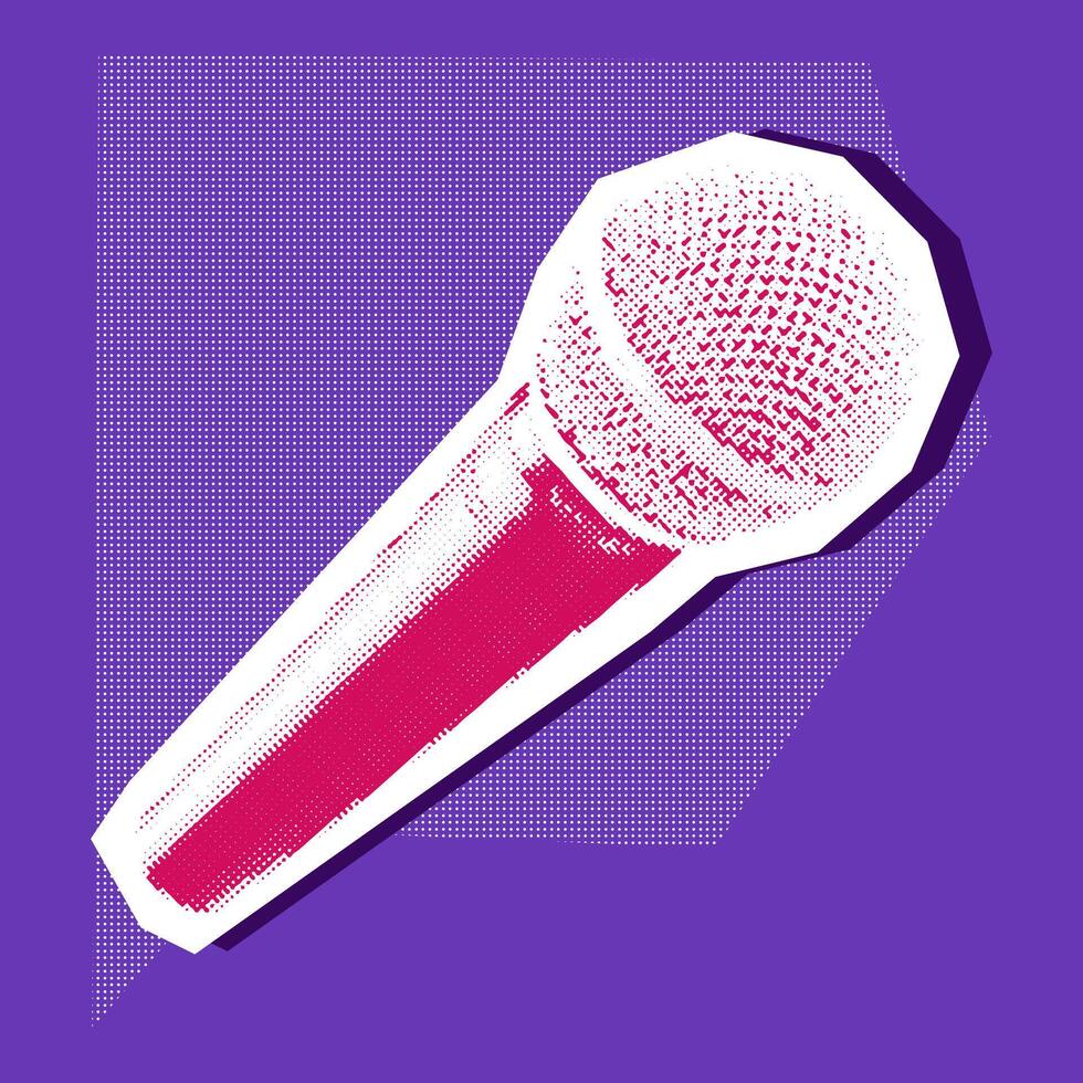 A rocker microphone with a collage in the style of grunge-pop-art-rock. Pink and white picture on blue. The item looks like a clipping from a magazine. Bright large and small dots create the shape vector