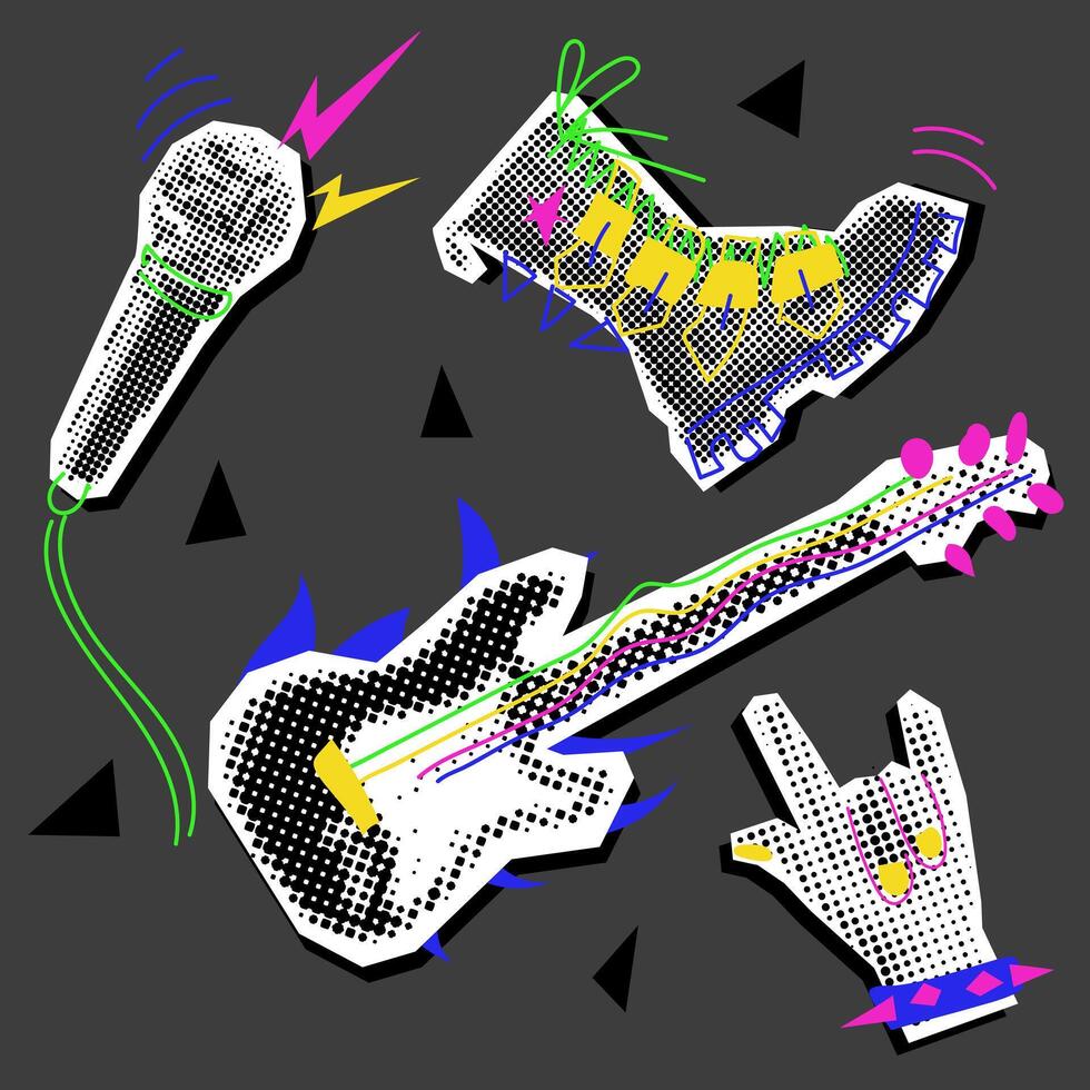 A set of rocker objects collage in the style of grunge pop art. Guitar, microphone, hand, shoe. Black and white dots with colored inserts. It looks like a clipping from a magazine. Bright doodles vector