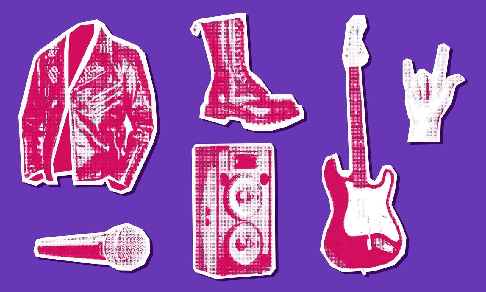 A set of rock in a grunge pop art collage. Pink and white image on blue. The clothes look like a clipping from a magazine. Bright large and small dots create a shape. Music, style, top, fun vector