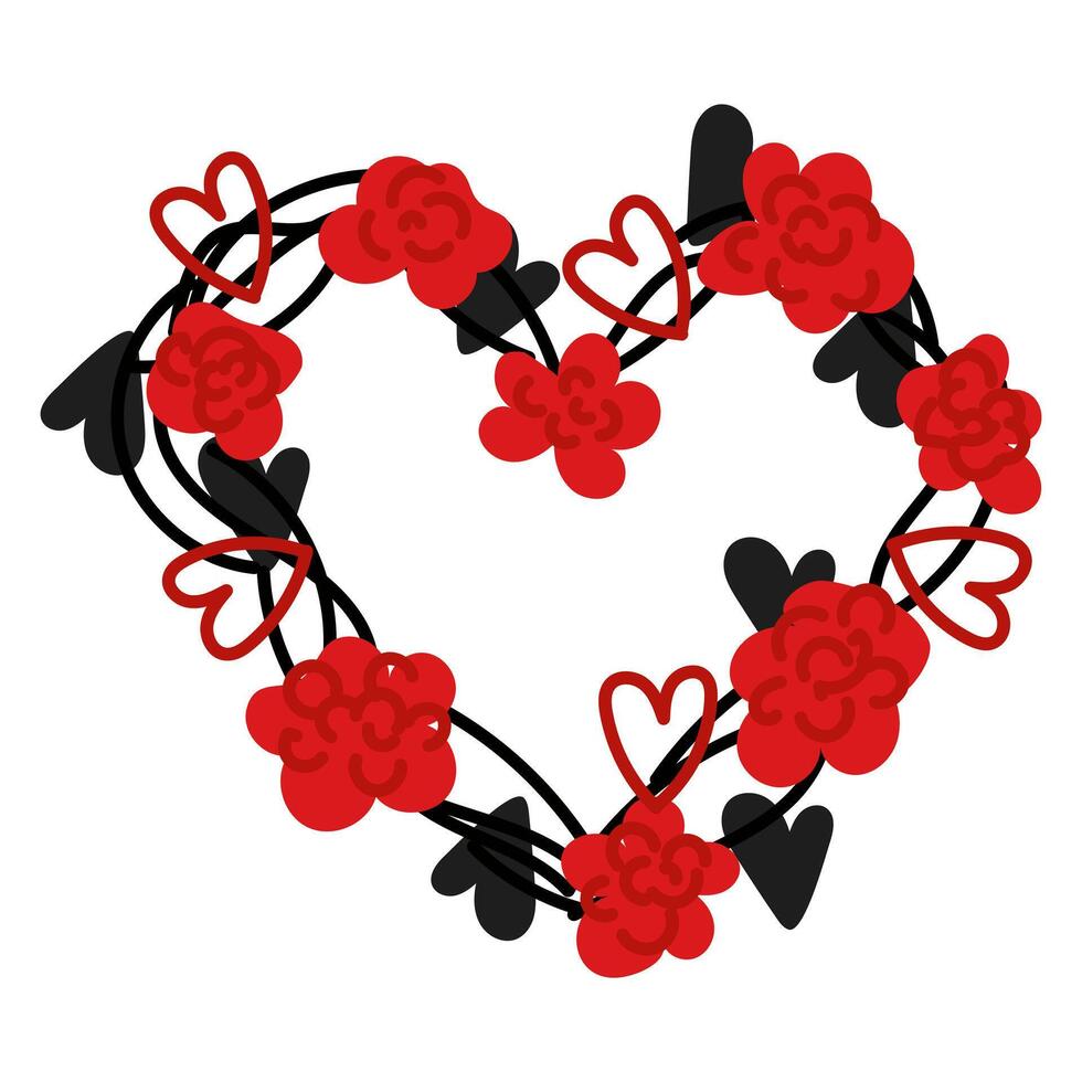 Flower frame in the shape of a heart. Decorative frame design with flowers, leaves and small hearts in red and black colors. A vector illustration drawn by hand. Lovers