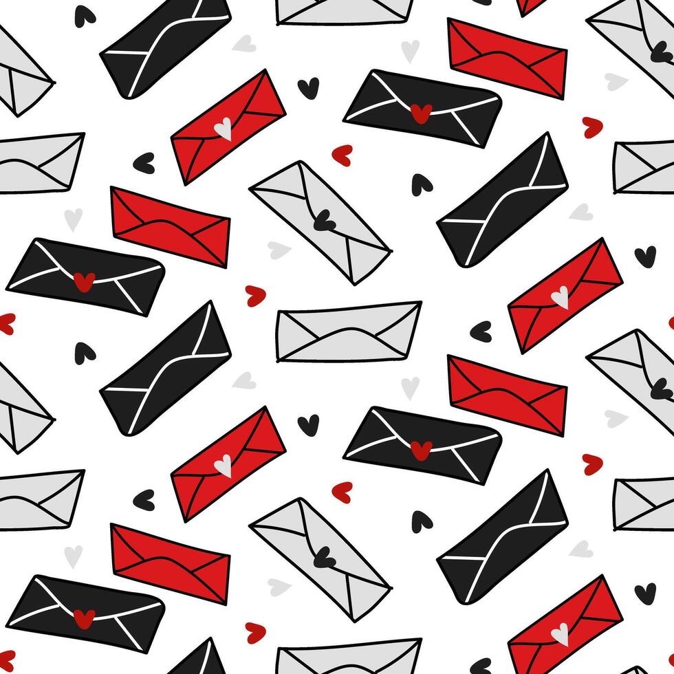 Vector seamless pattern of closed envelopes, letters in red, black, and white colors. Hand-drawn postal background with envelopes, Valentine's day mail, flying letters. Envelopes with letters